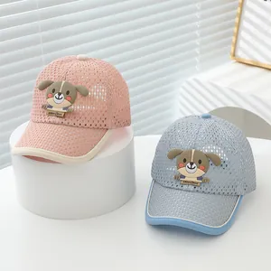 Breathable summer kids mesh baseball caps with cute puppy patch in pink and blue colors