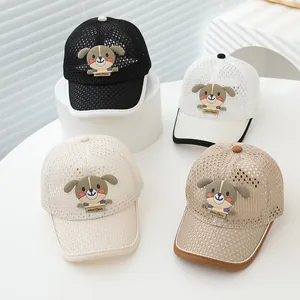 Detailed view of breathable mesh kids' baseball caps with cartoon bear patches in four colors