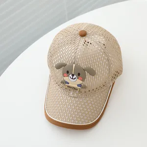 Breathable summer mesh baseball cap for kids with cute puppy patch and brown brim accent