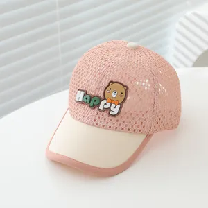 Breathable pink mesh sun hat for kids featuring 3D silicone bear and Happy text