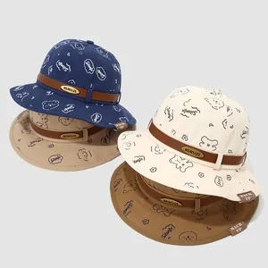 Chapeau Bob Enfant Motif Ours Dessin Animé Large Bord Protection Solaire Été Casquette en Coton Avec Bande Similicuir et Mentonnière
