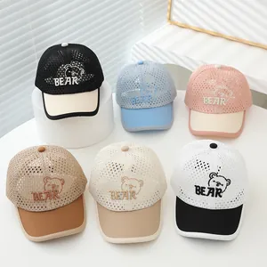 Close-up of children's breathable mesh baseball caps in six colors with bear embroidery