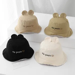 Cappello a Secchiello per Neonati e Bambini in Cotone Poliestere Protezione Solare Con Orecchie da Orso Ricamo Ma Petit Fodera a Righe Estivo