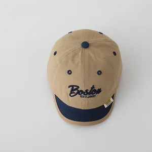 Detailed top view of a Boston embroidered cotton baseball cap with a contrasting short brim