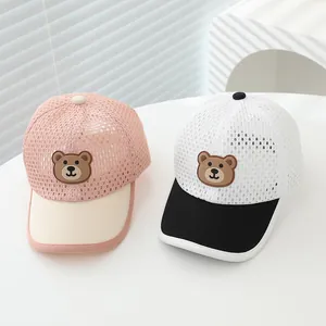 Breathable mesh summer hats for kids featuring cute 3D brown bear patches in two colors