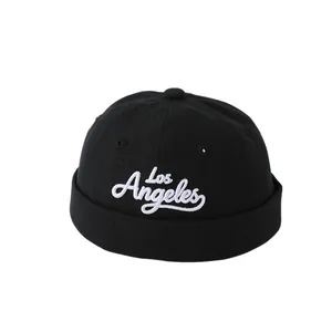 Black cotton docker hat for children with white Los Angeles embroidery on front