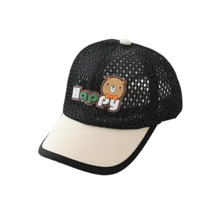 Kids breathable mesh baseball cap with cute bear patch and Happy embroidery in black and beige