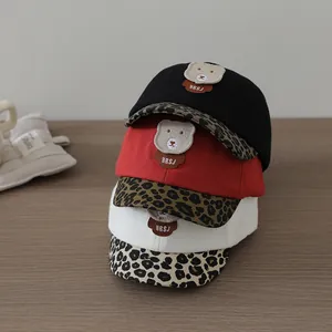 Kids Baseball Cap With Leopard Print Brim And Plush Bear Patch Adjustable Cotton Blend Sun Hat For Toddler Boys Girls