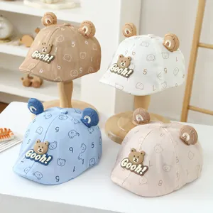 Cute baby baseball caps with 3D bear ears and animal embroidery in four soft colors
