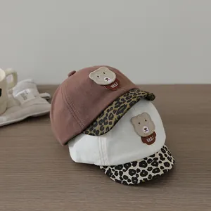 Children's bear patch baseball caps with leopard print brim in brown and white