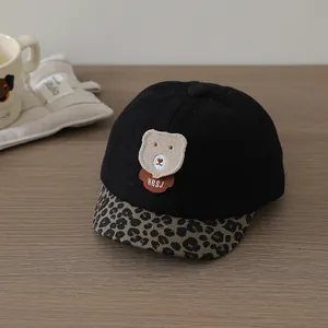 Kids black baseball cap with leopard print brim and 3D bear embroidery decoration