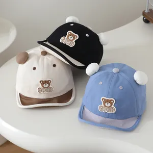 Cute baby baseball caps with bear embroidery and plush ears in three assorted colors