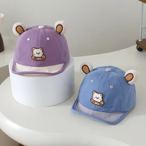 Cute baby baseball cap with cartoon bear ears and soft brim in purple and blue colors