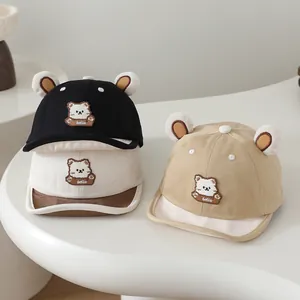 Cute baby baseball caps with bear ears in black, beige, and khaki cotton fabric