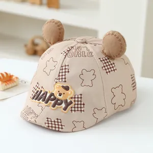 Cute bear-themed baby beret hat with 3D ears and plaid pattern for summer sun protection