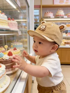 Detail of khaki baby baseball cap with bear ears and embroidery in a bright shop