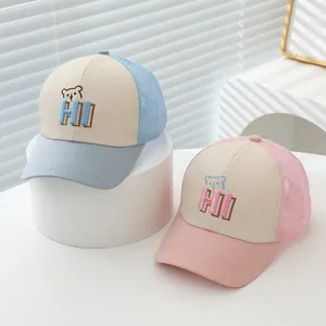 Kids breathable mesh truck cap featuring 3D HI bear embroidery in blue and pink