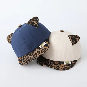 Cute kids baseball cap with leopard print brim and cat ears in navy and beige