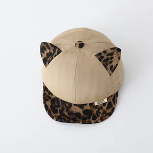 Toddler khaki baseball cap with leopard print brim and cute cat ears decoration