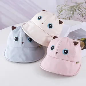 Three children's sun hats in beige, grey and pink with cute cat embroidery and ears