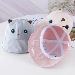 Cute kids sun hat with cat ears and happy bear embroidery in grey, cream and pink