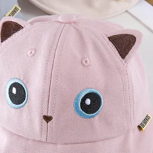 Pink cotton fisherman hat for kids with cute cat ear 3D shape and facial embroidery