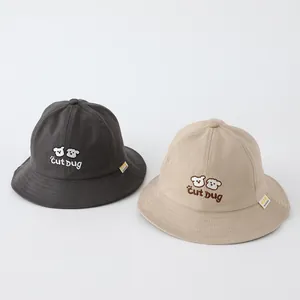 Cappelli a secchiello per bambini in cotone con ricamo cane in grigio e beige