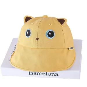 Yellow kids fisherman hat with 3D cat ears and cute face embroidery for sun protection