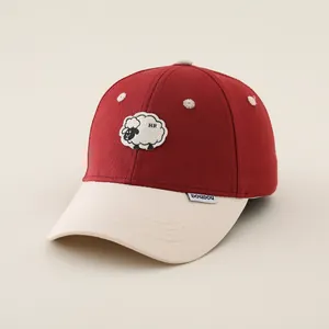 Kids cute sheep embroidered baseball cap in red and beige cotton for sun protection