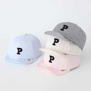 Striped baby baseball caps with P letter embroidery in four soft pastel colors for summer