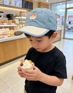 Detail of child wearing a quick-dry baseball cap with cute cat embroidery and orange text
