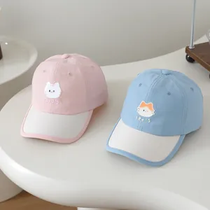 Kids quick-dry baseball caps with cute cartoon cat embroidery and contrast brims