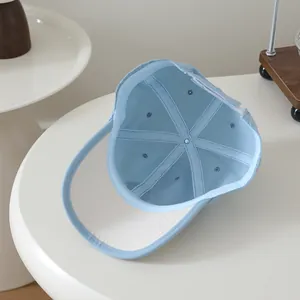 Detail of light blue quick-dry baseball cap inner structure with white lining and seams