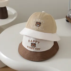 Kids color-block bucket hat with cute bear embroidery and HAPPY EVERY DAY text