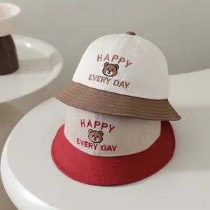 Kids cotton sun hat with cute bear embroidery and Happy Every Day slogan in two colors