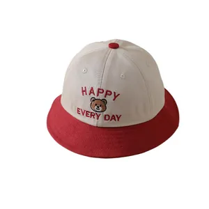 Kids cotton bucket hat with cute bear embroidery and red HAPPY EVERY DAY letters