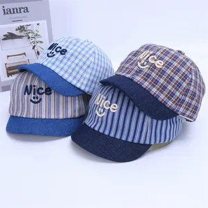 Striped and plaid baby baseball caps with Nice smile embroidery and denim brim