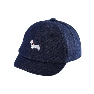 Dark blue denim baby baseball cap with dog embroidery and short brim for sun protection