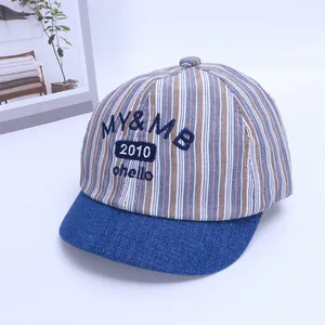 Detail of baby baseball cap with colorful stripes and premium embroidered lettering