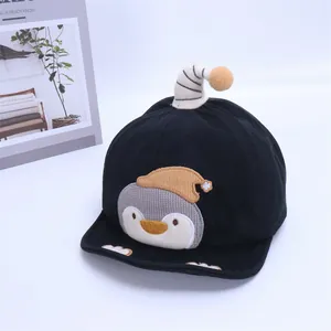 Detail of baby penguin baseball cap with 3D stripe ornament and soft cotton texture