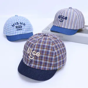 Baby Soft Brim Baseball Cap Cotton Plaid Striped Toddler Sun Hat With Smiley Face Embroidery For Infants Boys Girls