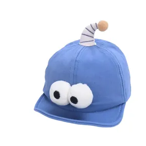Cute sky blue baby baseball cap with cartoon large eyes and striped soft antenna decoration