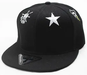 Kids black snapback hat with white star embroidery and street style graffiti patterns