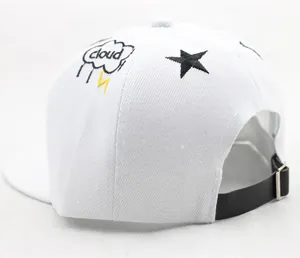 Detail of white cotton kid's cap featuring star cloud embroidery and adjustable back strap