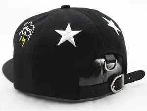 Kid's black flat-brim baseball cap with star embroidery and cloud motif back view