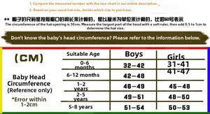 Size guide for children's baseball caps with head circumference measurements for ages 0-8