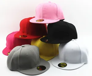 Detail of colorful flat brim snapback hats in seven colors with high-quality cotton texture