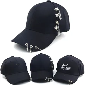 Casquette de Baseball Hip Hop Streetwear en Coton Avec Anneaux Métalliques et Chaîne Latérale Chapeau de Soleil Réglable pour Enfants et Adultes