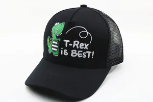 Detail of black mesh trucker hat with green T-Rex cartoon and T-Rex IS BEST print