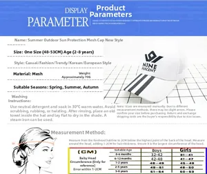 Size chart for kids' breathable mesh baseball caps showing head measurements by age
